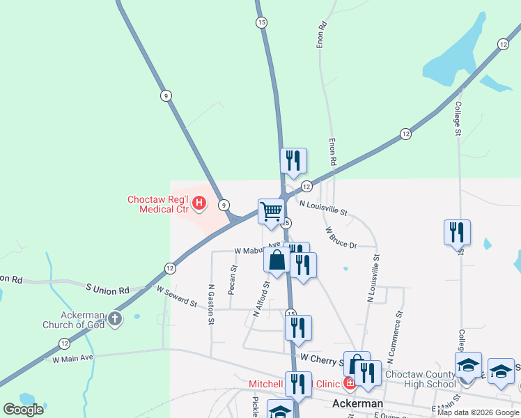 map of restaurants, bars, coffee shops, grocery stores, and more near 1304 Mississippi 12 in Ackerman