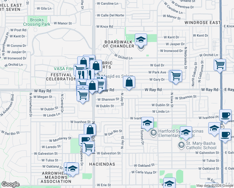 map of restaurants, bars, coffee shops, grocery stores, and more near 845 West Shannon Street in Chandler