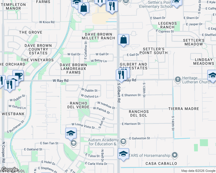 map of restaurants, bars, coffee shops, grocery stores, and more near 1679 South Ash Street in Gilbert