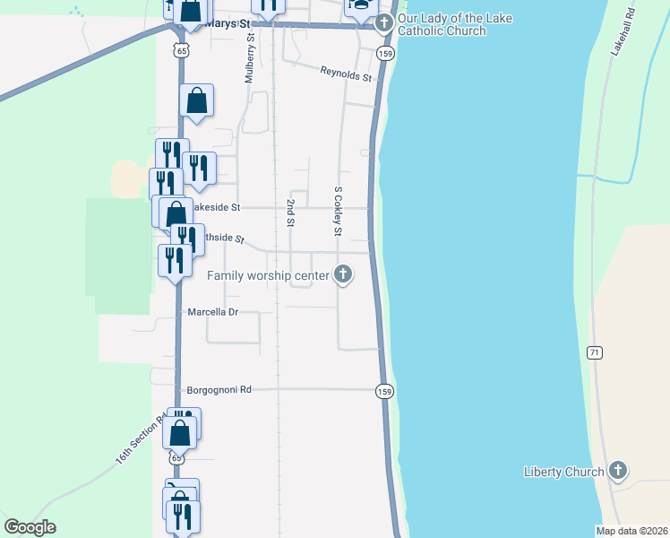 map of restaurants, bars, coffee shops, grocery stores, and more near 1421 South Cokley Street in Lake Village