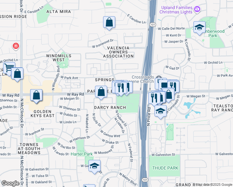 map of restaurants, bars, coffee shops, grocery stores, and more near North Seville Boulevard in Chandler