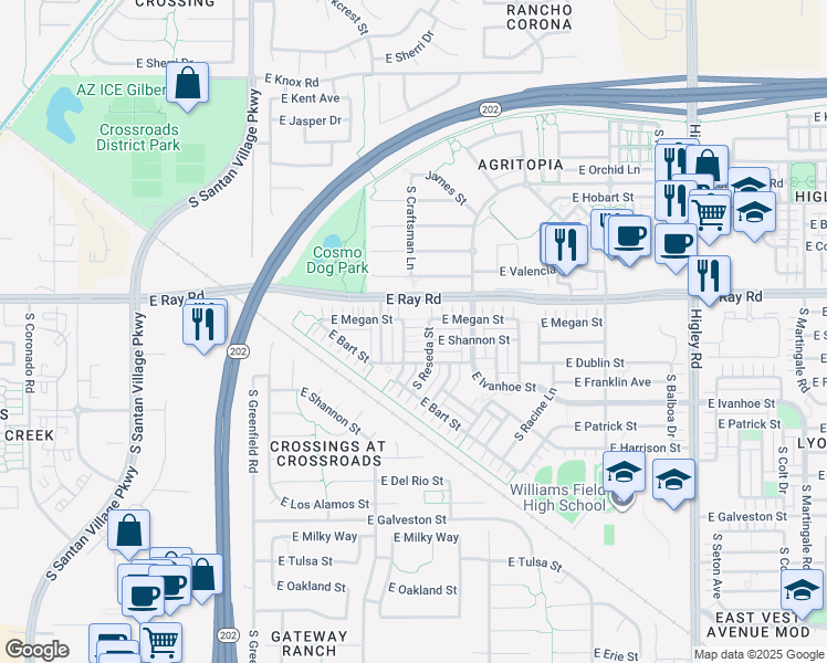 map of restaurants, bars, coffee shops, grocery stores, and more near 1663 South Parkcrest Street in Gilbert