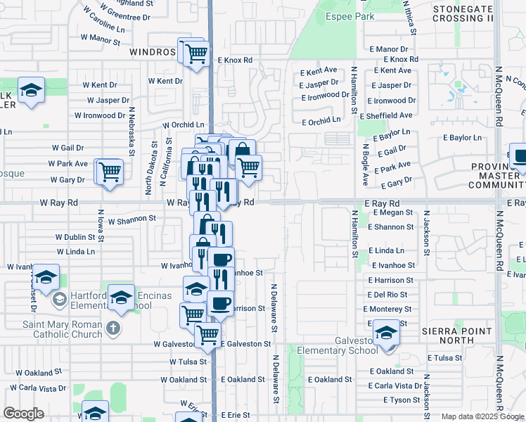 map of restaurants, bars, coffee shops, grocery stores, and more near 235 East Ray Road in Chandler