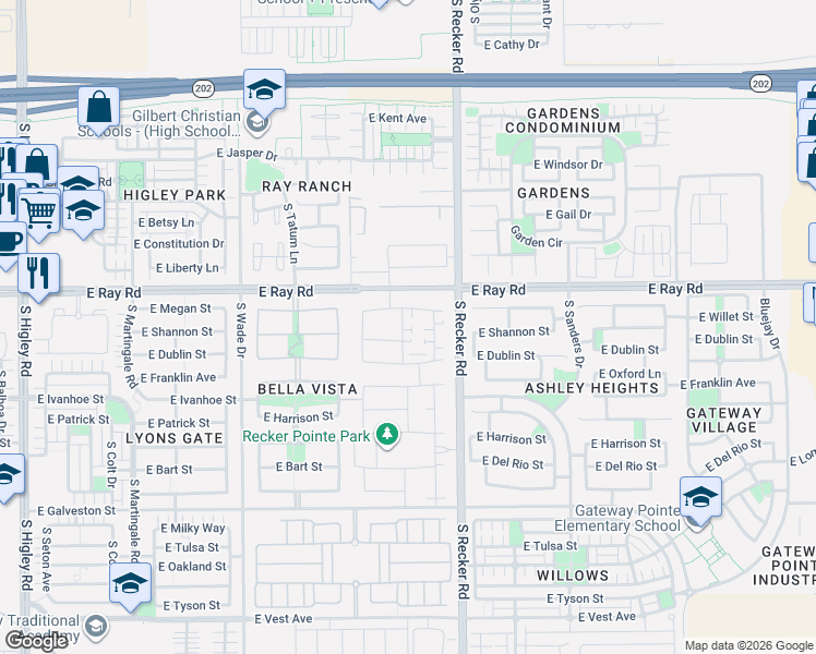 map of restaurants, bars, coffee shops, grocery stores, and more near 3889 East Shannon Street in Gilbert