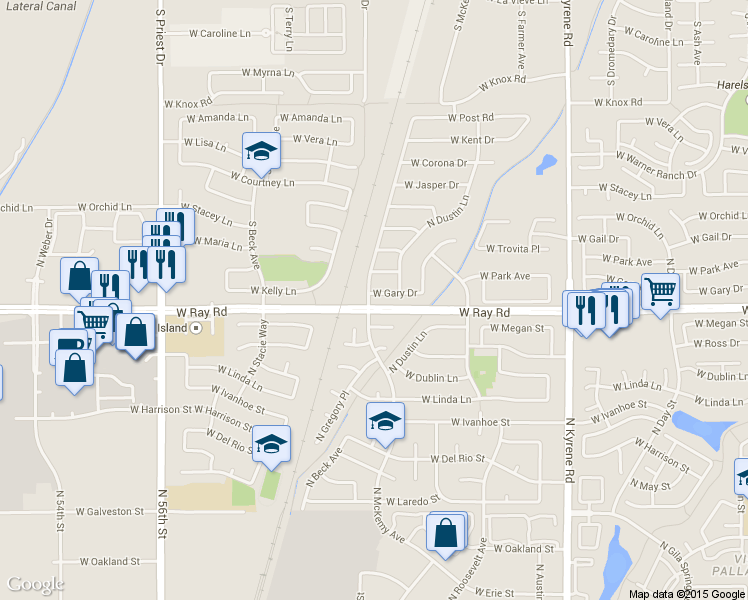 map of restaurants, bars, coffee shops, grocery stores, and more near 6481 West Gary Drive in Chandler