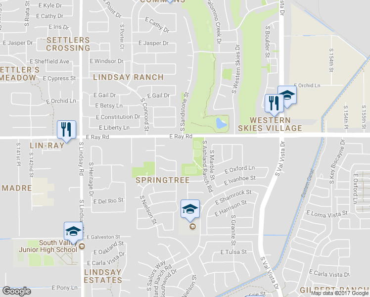 map of restaurants, bars, coffee shops, grocery stores, and more near 1205 East Ray Road in Gilbert