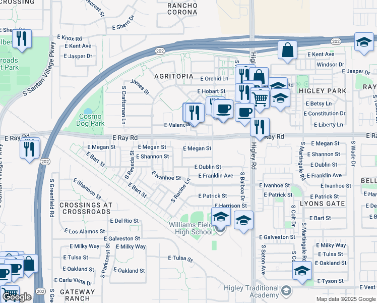 map of restaurants, bars, coffee shops, grocery stores, and more near 2957 East Megan Street in Gilbert