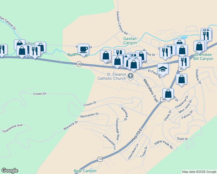 map of restaurants, bars, coffee shops, grocery stores, and more near 131-299 Dipaolo Drive in Ruidoso