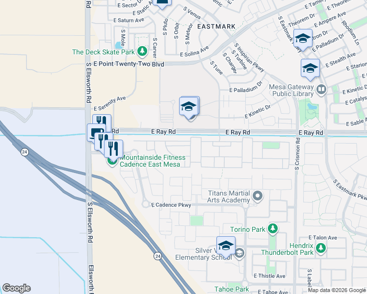 map of restaurants, bars, coffee shops, grocery stores, and more near 9560 Thatcher Avenue in Mesa