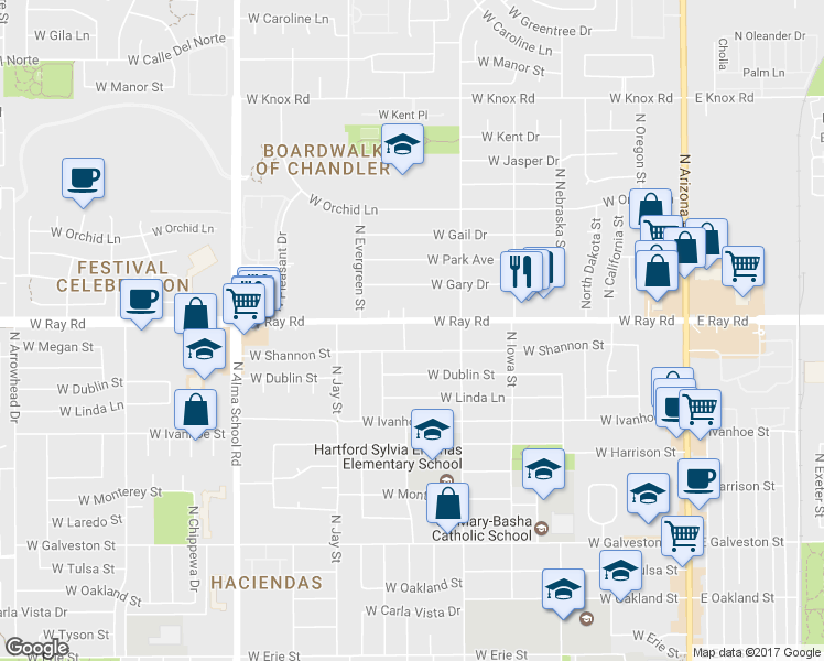 map of restaurants, bars, coffee shops, grocery stores, and more near 32 West Ray Road in Chandler