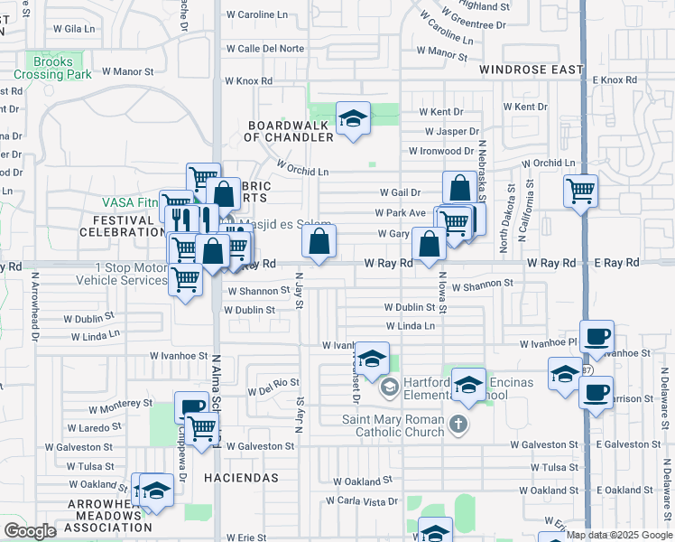 map of restaurants, bars, coffee shops, grocery stores, and more near 760 West Ray Circle in Chandler
