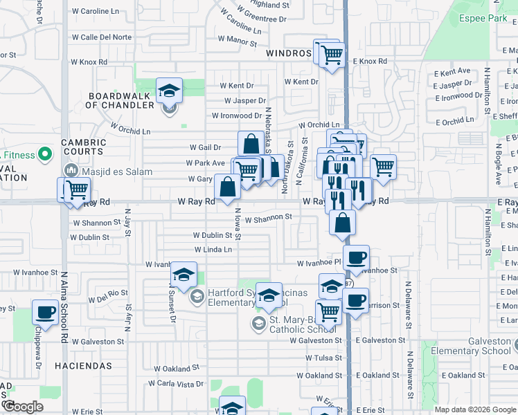 map of restaurants, bars, coffee shops, grocery stores, and more near 466 West Ray Road in Chandler