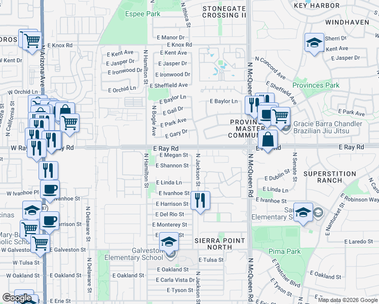 map of restaurants, bars, coffee shops, grocery stores, and more near 1012 North Layman Court in Chandler