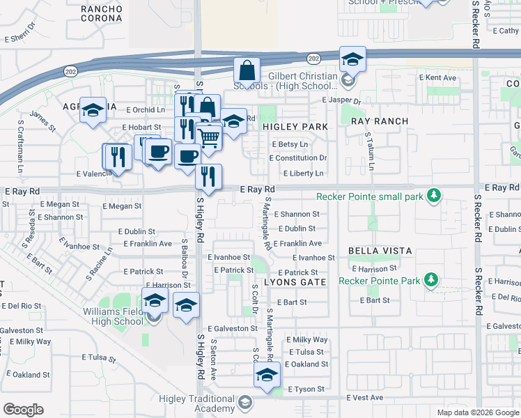 map of restaurants, bars, coffee shops, grocery stores, and more near 1608 South Martingale Road in Gilbert