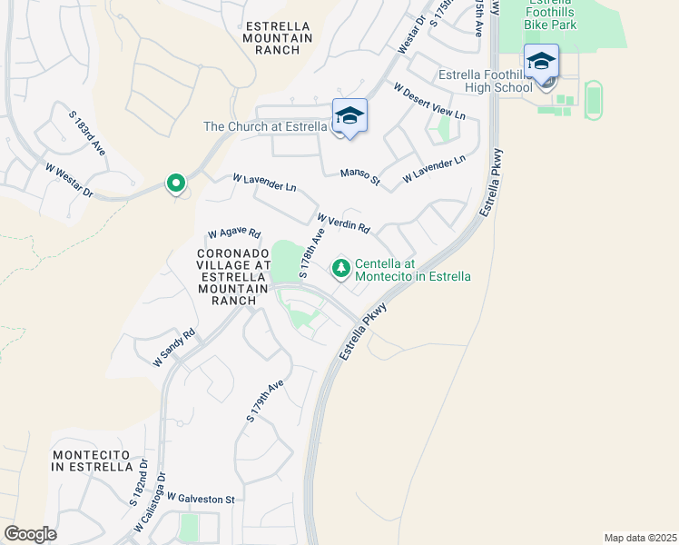 map of restaurants, bars, coffee shops, grocery stores, and more near 13618 South 177th Lane in Goodyear