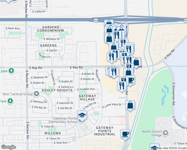 map of restaurants, bars, coffee shops, grocery stores, and more near 4515 East Megan Court in Gilbert