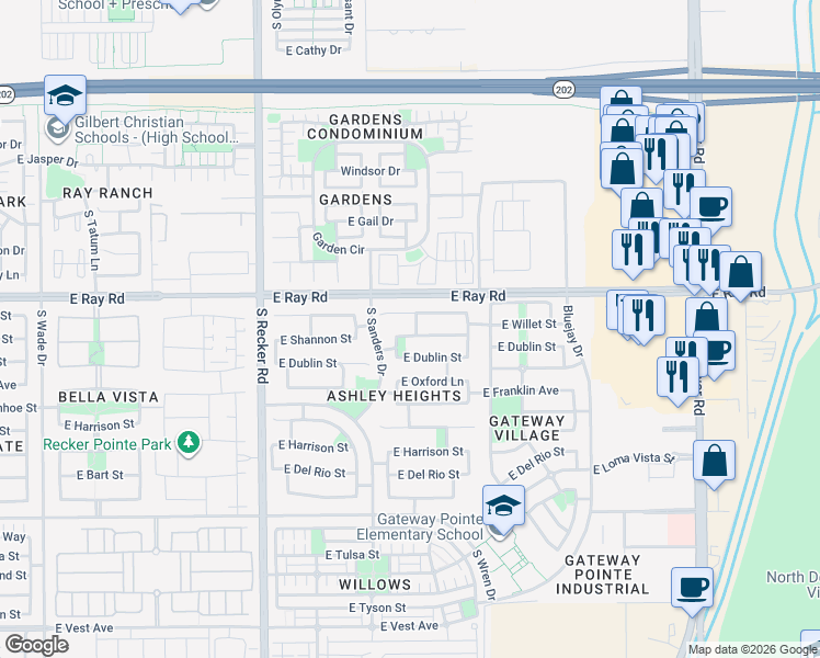 map of restaurants, bars, coffee shops, grocery stores, and more near 4266 East Megan Court in Gilbert