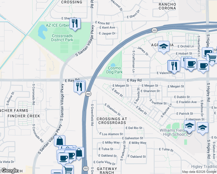 map of restaurants, bars, coffee shops, grocery stores, and more near 2456 East Ray Road in Gilbert