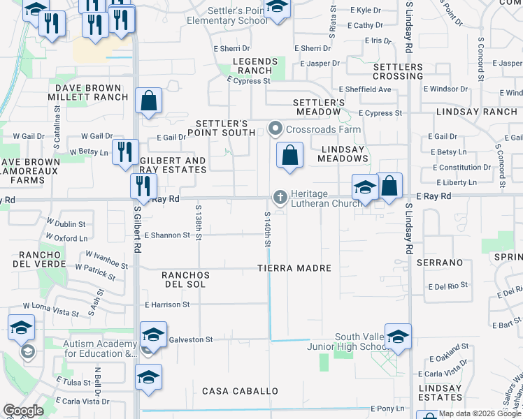 map of restaurants, bars, coffee shops, grocery stores, and more near 421 East Ray Road in Gilbert