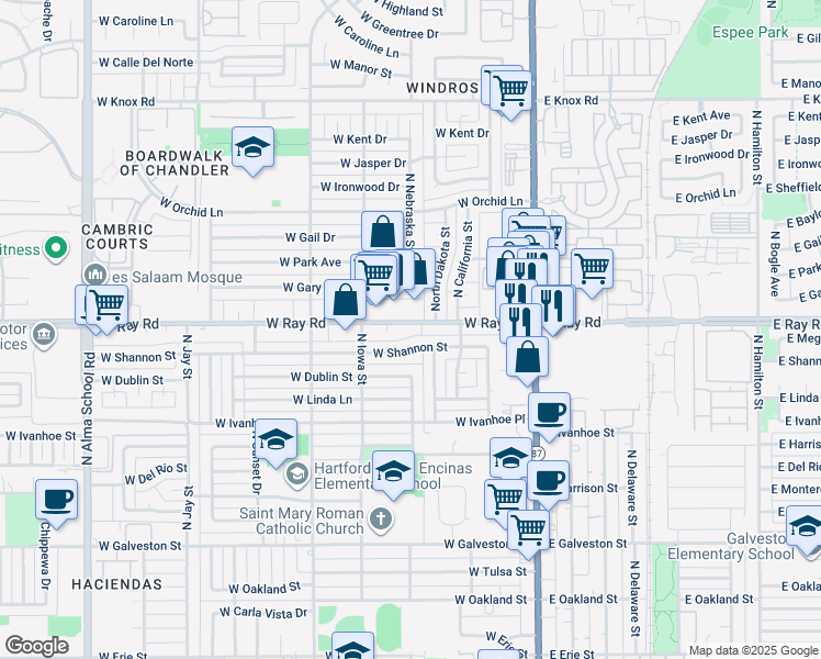 map of restaurants, bars, coffee shops, grocery stores, and more near 250 West Ray Road in Chandler