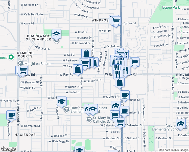 map of restaurants, bars, coffee shops, grocery stores, and more near 250 West Ray Road in Chandler