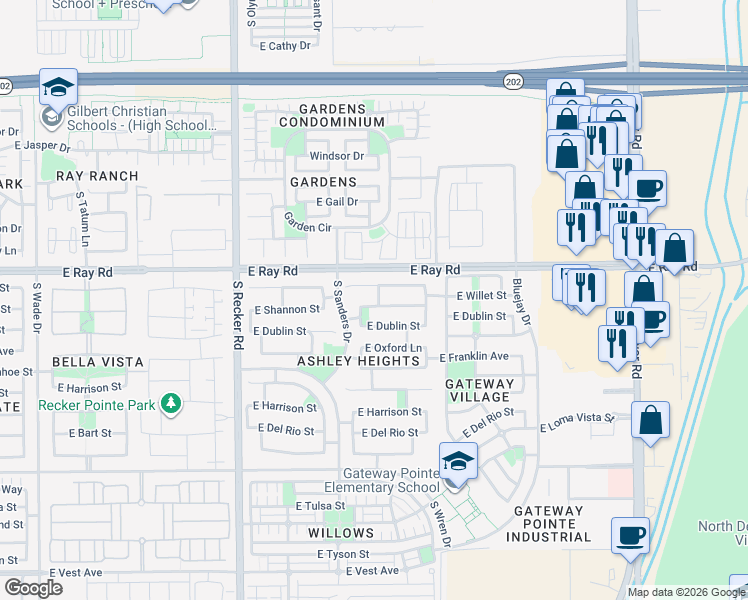 map of restaurants, bars, coffee shops, grocery stores, and more near 4266 East Megan Court in Gilbert