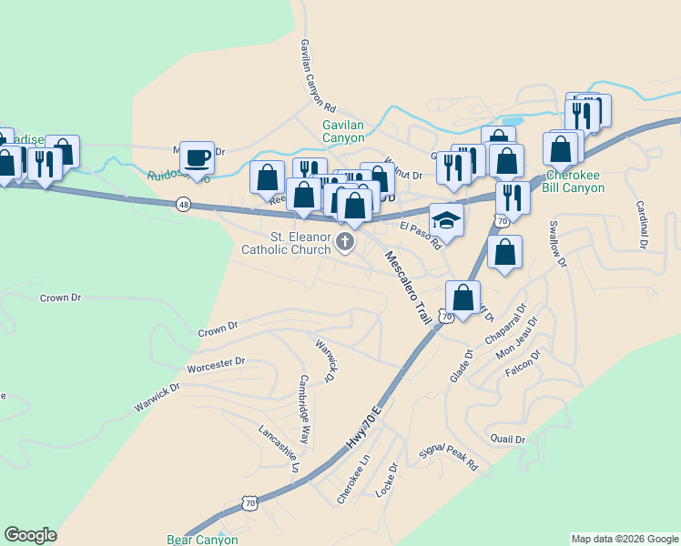 map of restaurants, bars, coffee shops, grocery stores, and more near 137-141 Junction Road in Ruidoso