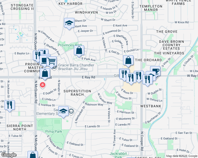 map of restaurants, bars, coffee shops, grocery stores, and more near 1010 North Cambridge Street in Chandler
