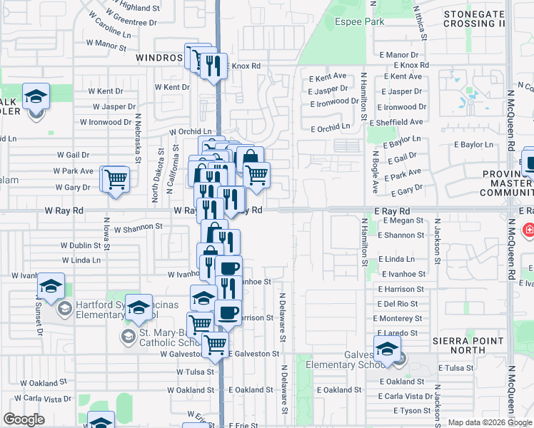 map of restaurants, bars, coffee shops, grocery stores, and more near 235 East Ray Road in Chandler