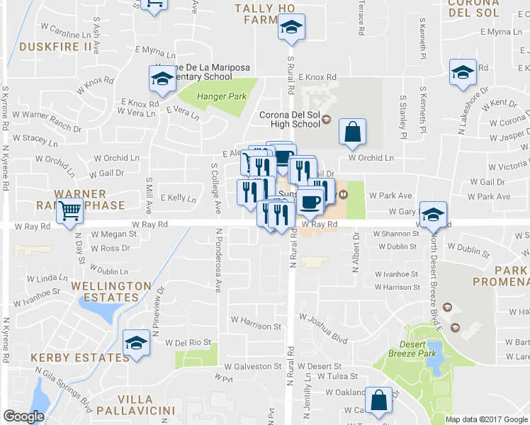 map of restaurants, bars, coffee shops, grocery stores, and more near 9960 S Rural Rd in Tempe
