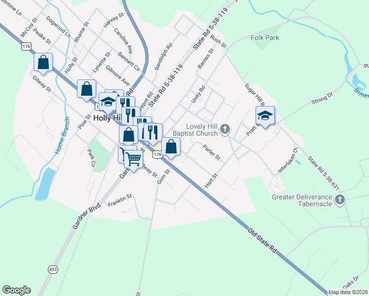 map of restaurants, bars, coffee shops, grocery stores, and more near 700 Peake Street in Holly Hill