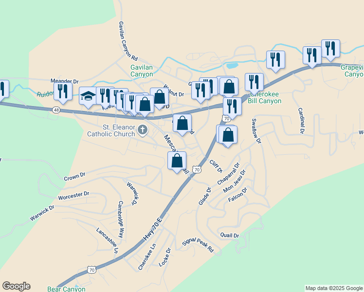 map of restaurants, bars, coffee shops, grocery stores, and more near 116-198 Nob Hill Dr in Ruidoso