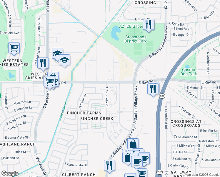 map of restaurants, bars, coffee shops, grocery stores, and more near 1980 East Ray Road in Gilbert