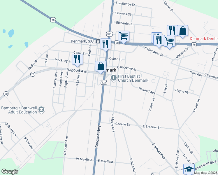 map of restaurants, bars, coffee shops, grocery stores, and more near 197 South Magnolia Avenue in Denmark