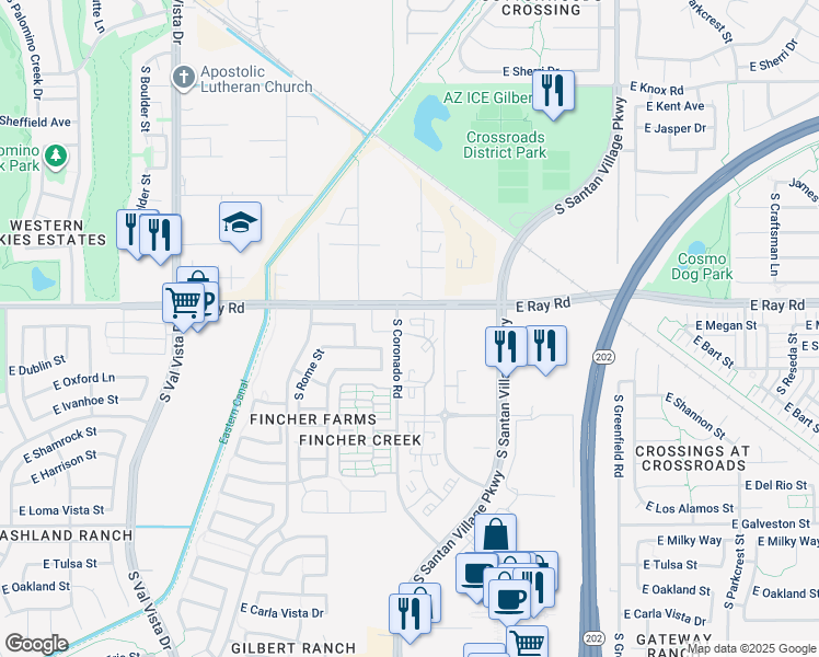 map of restaurants, bars, coffee shops, grocery stores, and more near 1965 East Ray Road in Gilbert