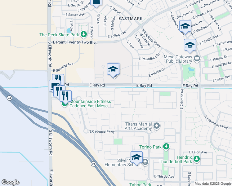 map of restaurants, bars, coffee shops, grocery stores, and more near 9560 Thatcher Avenue in Mesa