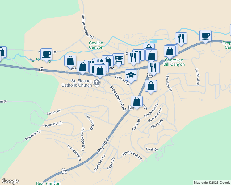 map of restaurants, bars, coffee shops, grocery stores, and more near Mescalero Trail in Ruidoso