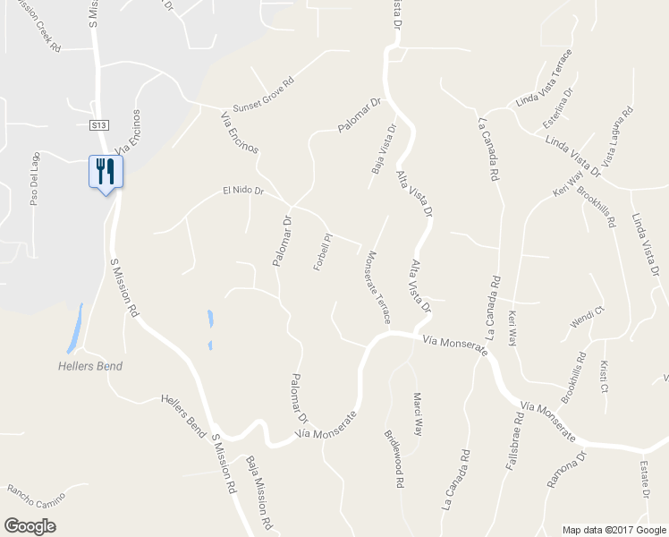 map of restaurants, bars, coffee shops, grocery stores, and more near 3890 Forbell Place in Fallbrook
