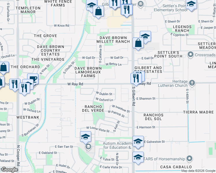 map of restaurants, bars, coffee shops, grocery stores, and more near 172 West Shannon Street in Gilbert
