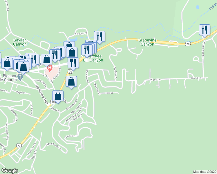 map of restaurants, bars, coffee shops, grocery stores, and more near 117 Mockingbird Lane in Ruidoso