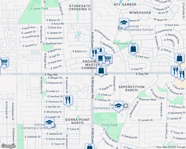 map of restaurants, bars, coffee shops, grocery stores, and more near E Ray Rd & N McQueen Rd in Chandler