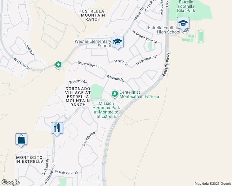 map of restaurants, bars, coffee shops, grocery stores, and more near 13618 South 177th Lane in Goodyear