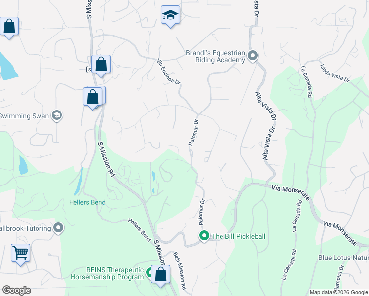 map of restaurants, bars, coffee shops, grocery stores, and more near 3915 Palomar Drive in Fallbrook