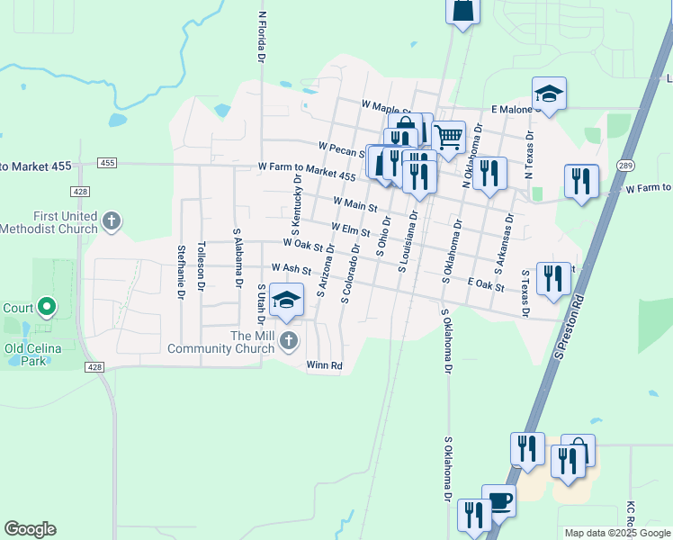 map of restaurants, bars, coffee shops, grocery stores, and more near 407 West Ash Street in Celina