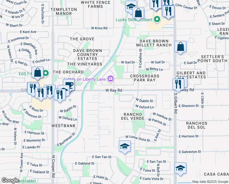 map of restaurants, bars, coffee shops, grocery stores, and more near 395 West Ray Road in Gilbert