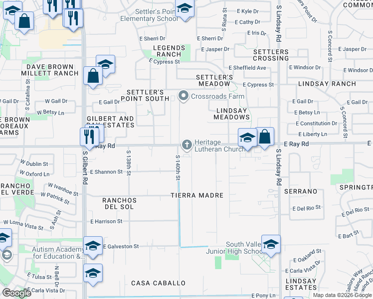 map of restaurants, bars, coffee shops, grocery stores, and more near 421 East Ray Road in Gilbert