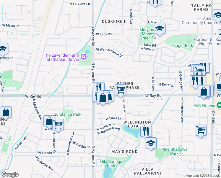 map of restaurants, bars, coffee shops, grocery stores, and more near 5902 West Gary Drive in Chandler