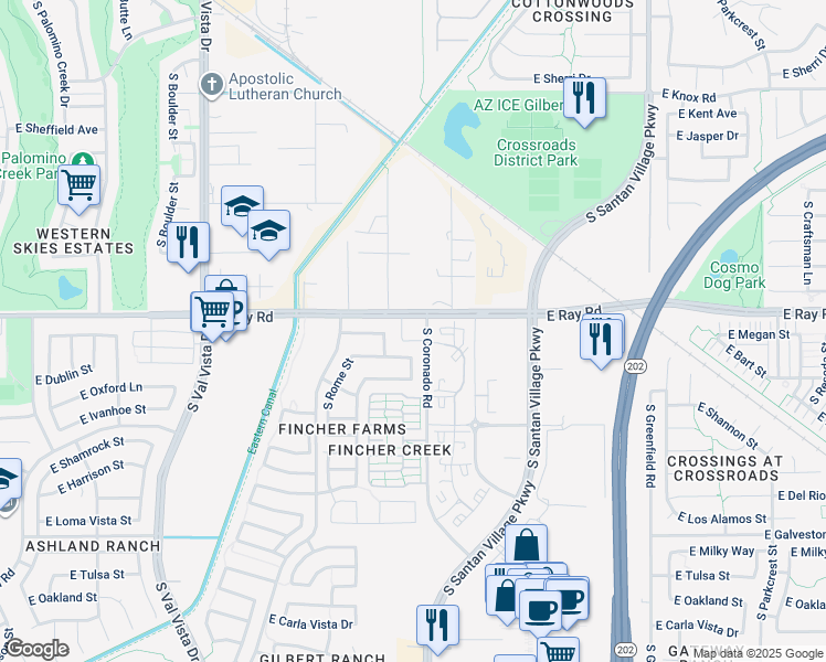 map of restaurants, bars, coffee shops, grocery stores, and more near 1965 East Ray Road in Gilbert