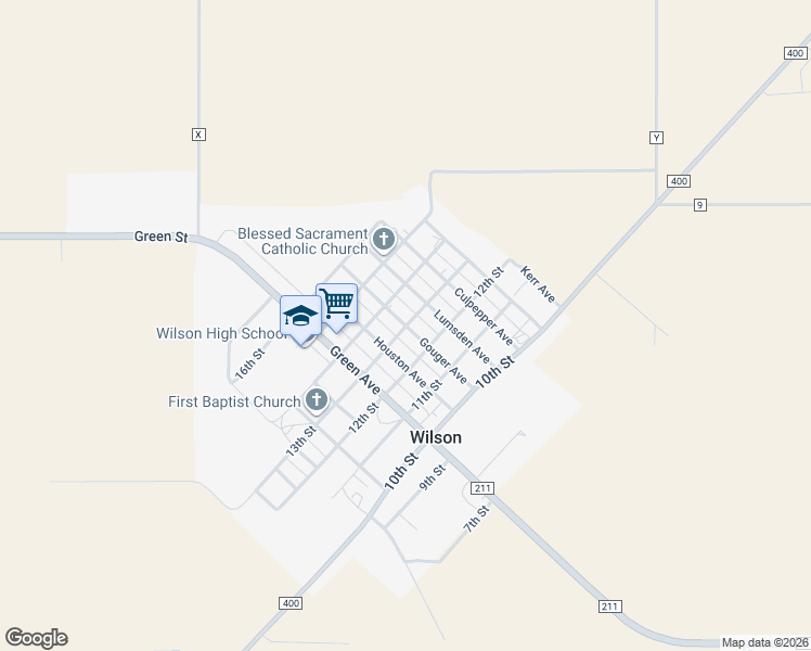 map of restaurants, bars, coffee shops, grocery stores, and more near Gouger Avenue in Wilson