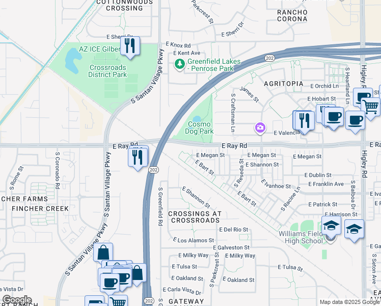 map of restaurants, bars, coffee shops, grocery stores, and more near 2526 East Megan Street in Gilbert